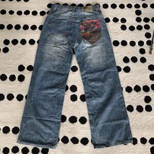 Next Girls Jeans Sz 11 Years Wide Leg Stone Washed Denim Embroidered Dragon Y2K